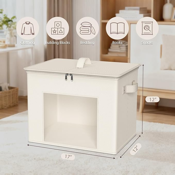 Zilink Fabric Storage Bins with Lid 4-Pack Stackable Cloth Storage Bins Sweater Organizer with Zipper & Clear Window Closet Organizers and Storage Box for Home, Office, Bedroom (Beige,17" x 12" x 12") - Image 2