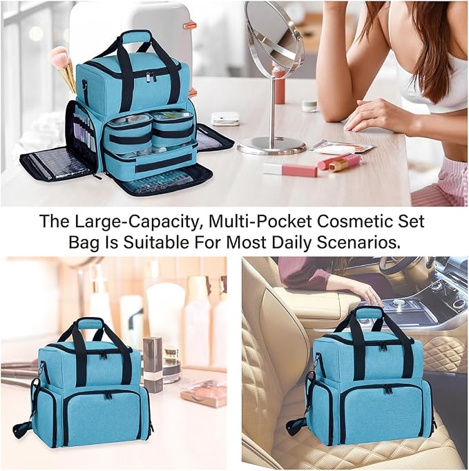 Large Makeup Bag Double Layer with 3 Removable Case.Lake Green | Large Makeup Bag with 3 Removable Case and 2 Removable Dividers Double Layer Travel Cosmetic Makeup Brushes Storage Section - Image 6