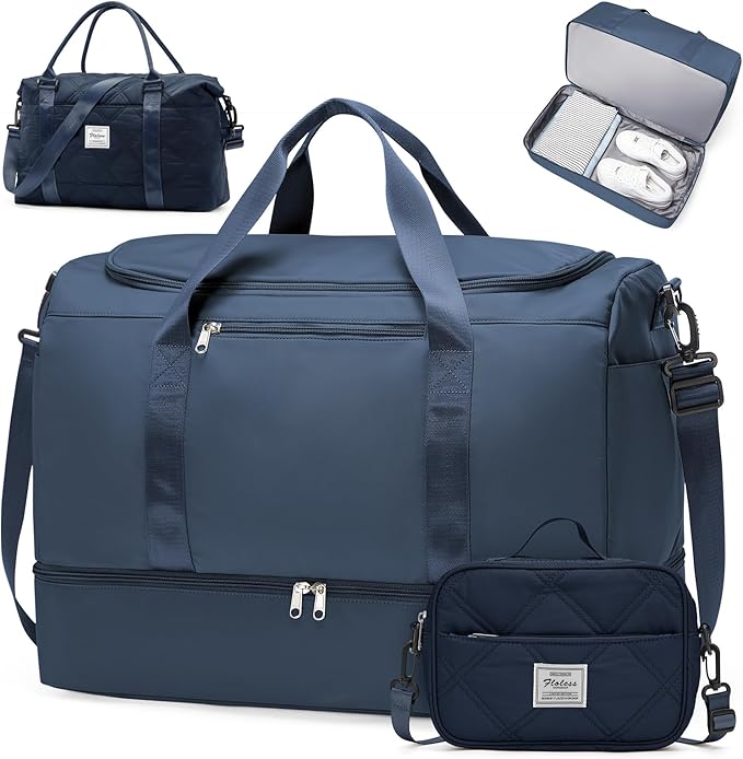 Extra Large Travel Duffle Bag,Carry on Overnight Bag with Shoes Compartment,Weekender Bags for Women for Travel Business Trips Sport Hospital,3 Pcs Set,Dark Blue by SYCNB