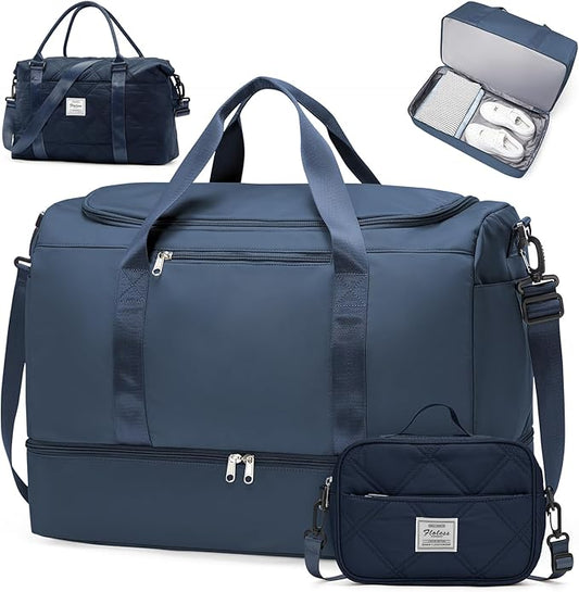 Extra Large Travel Duffle Bag,Carry on Overnight Bag with Shoes Compartment,Weekender Bags for Women for Travel Business Trips Sport Hospital,3 Pcs Set,Dark Blue by SYCNB