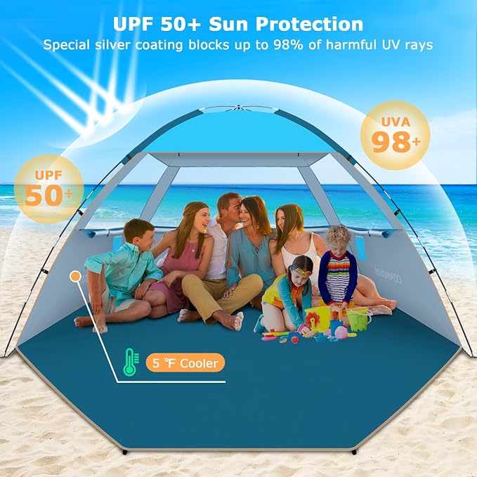 COMMOUDS Beach Tent Sun Shelter for 3/4/6/8 Person, UPF 50+ UV Protection Beach Shade Canopy Tent, Lightweight, Easy Set Up and Carry - Image 3