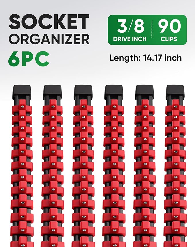 ALOANES 6PC ABS Socket Organizer, Socket Rails Fit 3/8 inch Drive | Portable Heavy Duty Socket Holders Hold up 90 Sockets for Toolbox Drawer Bags(Red) - Image 2