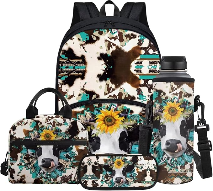 Kids Western Backpack Cow & Sunflowers Print 4pcs School Bag Set for Boys Girls, Bookbag with Insulated Thermal Cooler Lunch Box + Pencil Pen Case + Water Bottle Sleeve by Glomenade