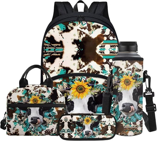 Kids Western Backpack Cow & Sunflowers Print 4pcs School Bag Set for Boys Girls, Bookbag with Insulated Thermal Cooler Lunch Box + Pencil Pen Case + Water Bottle Sleeve by Glomenade
