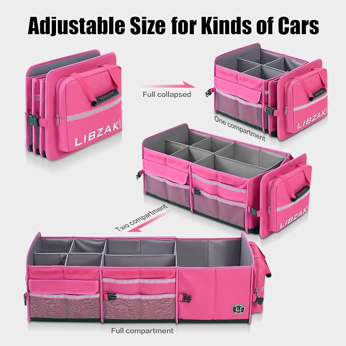 LIBZAKI Oversize 4 in 1 Car Trunk Storage Organizer, Multi Compartment Collapsible Trunk Storage Box with Cooler Bag for Car Truck SUV-Rose red - Image 3
