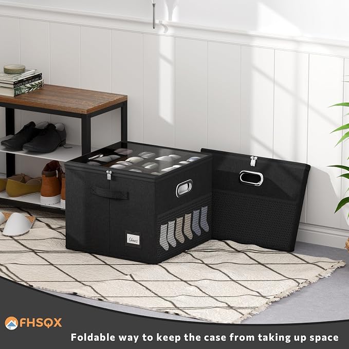 2 Pack Shoe Organizer for Closet Large Shoe Box Storage Containers with Clear Window Space Saving Shoe Bin with Foldable Bottom Support Adjustable Dividers Fits 32 Pairs (Black, (16.5*16.5*13in)*2) - Image 5
