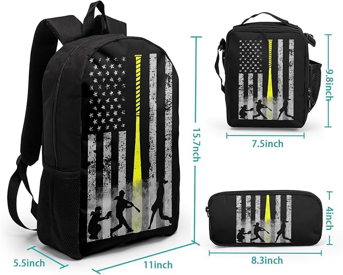 Giwawa Baseball American Flag Backpack Set 3 Pcs Patriotic USA Sporty Lightweight Bookbag Insulated Lunch Box Organizer for Athletes Students Sports Events Study Back to School Day Travel - Image 2