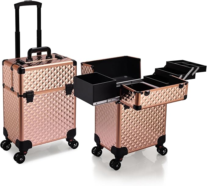 Stagiant Rolling Makeup Train Case Large Storage Cosmetic Trolley 4 Tray with Sliding Rail Removable Middle Layer with Key Swivel Wheels Salon Barber Case Traveling Cart Trunk by Stagiant