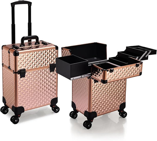 Stagiant Rolling Makeup Train Case Large Storage Cosmetic Trolley 4 Tray with Sliding Rail Removable Middle Layer with Key Swivel Wheels Salon Barber Case Traveling Cart Trunk by Stagiant