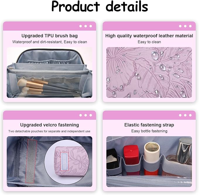 BOYATU Travel Makeup Bags Cosmetic Organizer Bag: 3-Set Large Capacity Make up Bag - PU Leather Toiletry Bags for Women - Wide Open Portable Pouch with Divider & Handle (01-Z-Light Purple) - Image 3