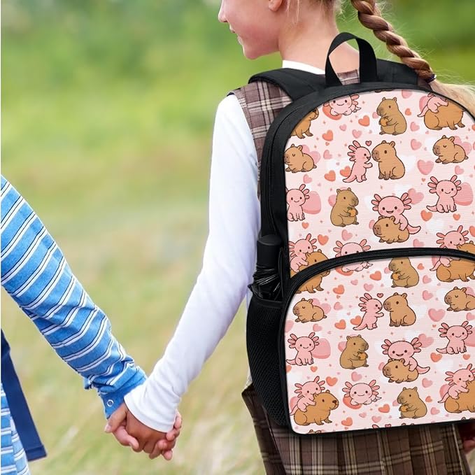 Girls Axolotl Capybara Backpack Set, Pink Love Elementary School Backpacks for Kids, 17 Inch Backpack Bookbag with Lunch Box Pencil Case Water Bottle Bag for School Travel Hiking, 4 Pcs - Image 7