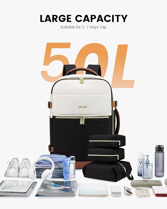 LOVEVOOK Travel Backpack for Women, TSA Carry On Backpack Flight Approved Luggage, 50L Water Resistant Personal Item Daypack Large Weekender Bag fit 18 inch Laptop with 3 Cubes, Beige-black-brown - Image 2