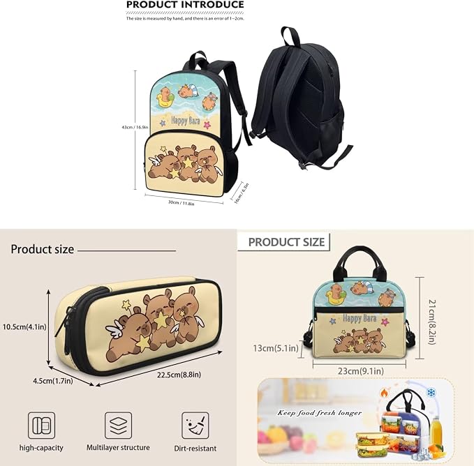 Capybara Happy School Backpack for Girls, 3Pcs Students Backpack, Elementary Bookbag Sets with Lunch Box Pencil Case for School - Image 5