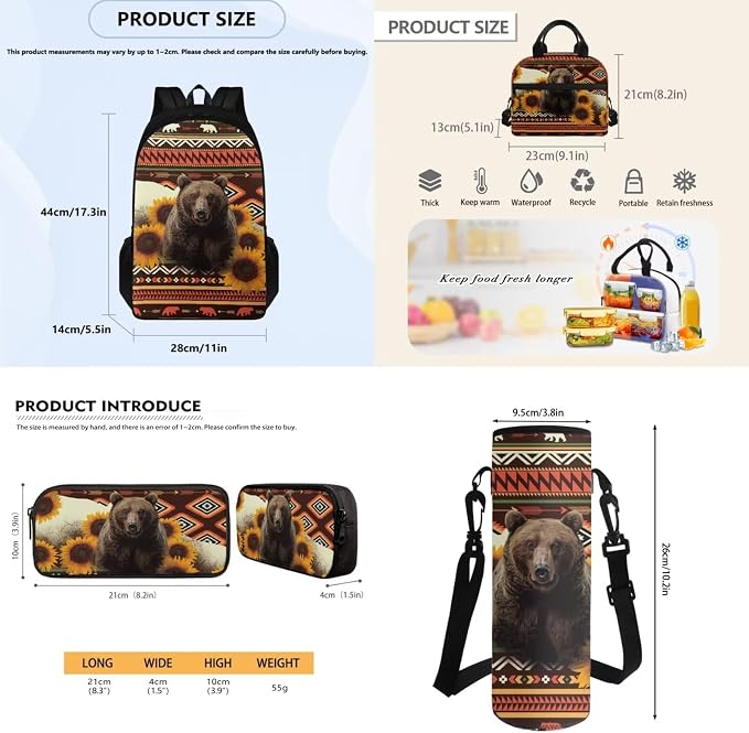 Student Backpack with Leakproof Lunch Bag Pencil Pouch Water Bottle Organizer with Aztec Sunflower Bear, Casual Double Zipper Large Capacity Travel Book Bag Rucksack for Kids - Image 7
