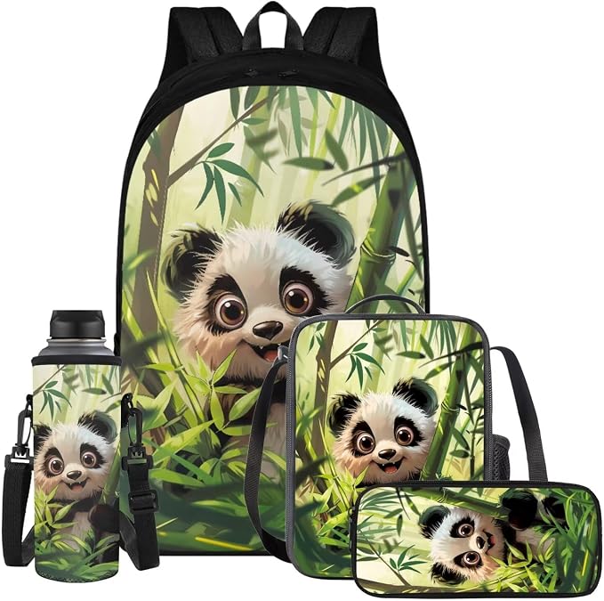 Panda Backpack for Girls Boys Backpack with Lunch Box Water Bottle Pouch and Kawaii Pencil Case 4PCS Set Cute Bookbag with Compartments for School 17 inch Large Sturdy School Bag for Kids by ELEDIZI