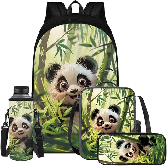 Panda Backpack for Girls Boys Backpack with Lunch Box Water Bottle Pouch and Kawaii Pencil Case 4PCS Set Cute Bookbag with Compartments for School 17 inch Large Sturdy School Bag for Kids by ELEDIZI