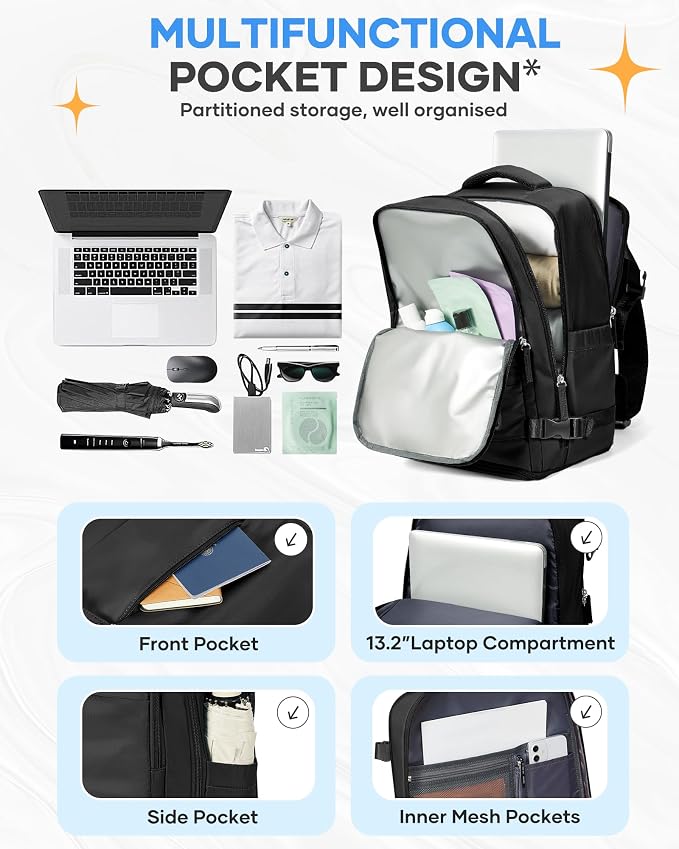 coofay Black Travel Backpack Carry on Flight Approved Mochila De Viaje Personal Item Backpack for Airlines Frontier Airlines Personal Item Bag Large Backpack for Travel Backpacks for Men Women - Image 6