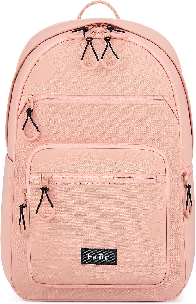 HanTrip Carry On Travel Backpack For Women, 18 Inch Water Resistant Large Backpack Lightweight Bookbag For Men, 8x14x18 Personal Item Bag Casual Daypack Backpacks For Work Office Commuter (Pink) by HanTrip