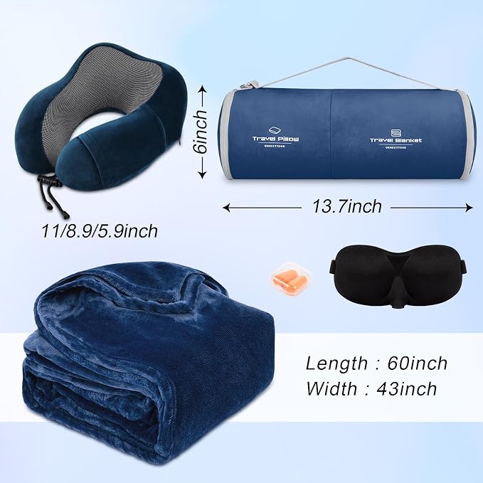 urnexttour Travel Pillow and Blanket Set Neck Pillows Travel Essentials with Sleep Mask for Airplane Car Memory Foam Blue - Image 5