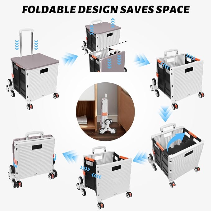 FELICON SELORSS Folding Utility Climber Cart Portable Rolling Crate-White | Stair Climbing Wheels+360°Swivel Wheels,Telescoping Handle,Plastic Box Dolly for Travel Shop Move Laundry Office Teacher Use - Image 4