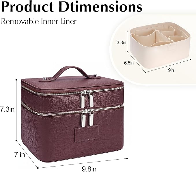 Makeup Case,Leather Double Layer Makeup Bag Duo,Large Portable Travel Toiletry Case Cosmetic Organizer for Women - Image 2