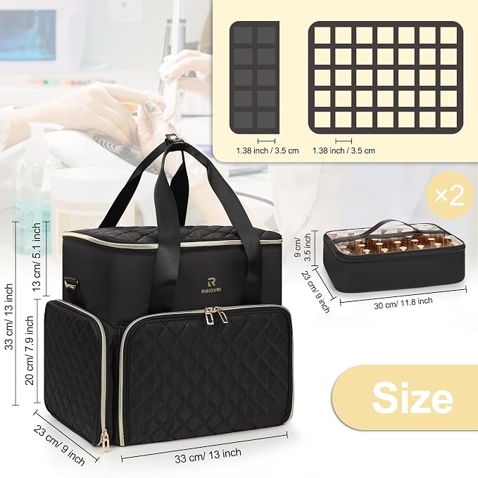 Relavel Nail Polish Organizer, Double Layer Nail Bag Holds 80-100 Bottles (15ml/0.5fl.oz) & Nail Lamp Nail Kit Storage Case, Extra Large Travel Nail Supplies Shoulder Bag for Manicure Tools (Black) - Image 5