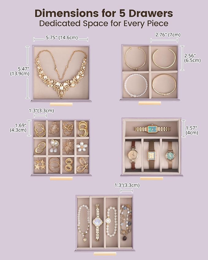 Lolalet Large Jewelry Box Organizer for Women, 6-Layer Jewelry Organizers and Storage Case with Mirror & 5 Drawers, Lockable Watch Ring Earring Bracelet Necklace Holder Girls Gift -6Layer, HazePurple - Image 7