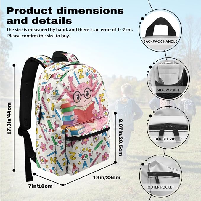 4Pcs Learning Axolotl Backpacks for School Girls Book Cute Backpack and Lunch Box Set Elementary Preschool Kids School Bag with Lunch Box Pencil Case Water Bottle Holder 8-12 - Image 3