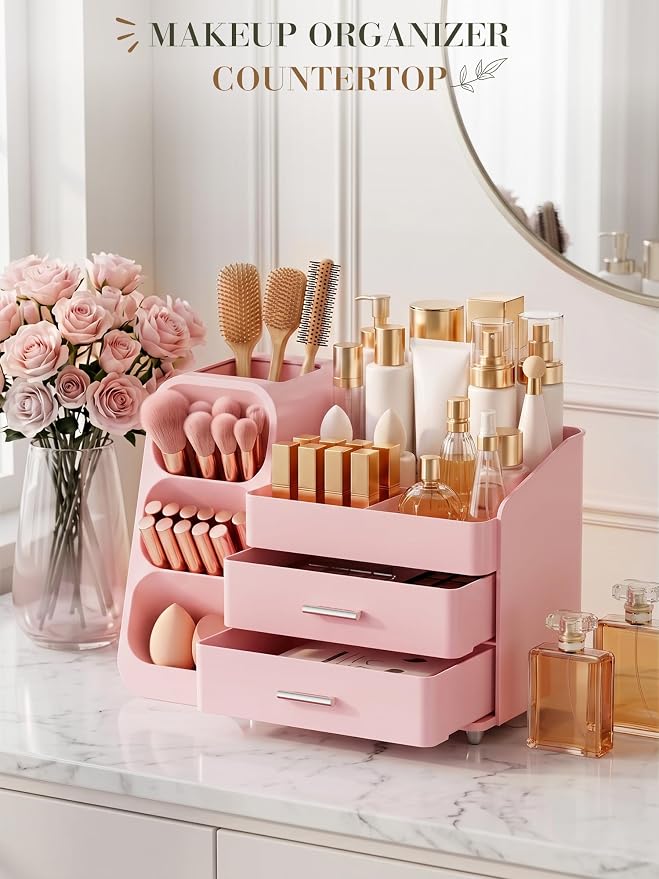 Makeup Organizer with Drawers,Large Capacity Countertop Organizer for Vanity,Bathroom and Bedroom Desk Cosmetics Organizers,Easy To Storage Skincare,Brushes,Lotions (All Pink) - Image 4