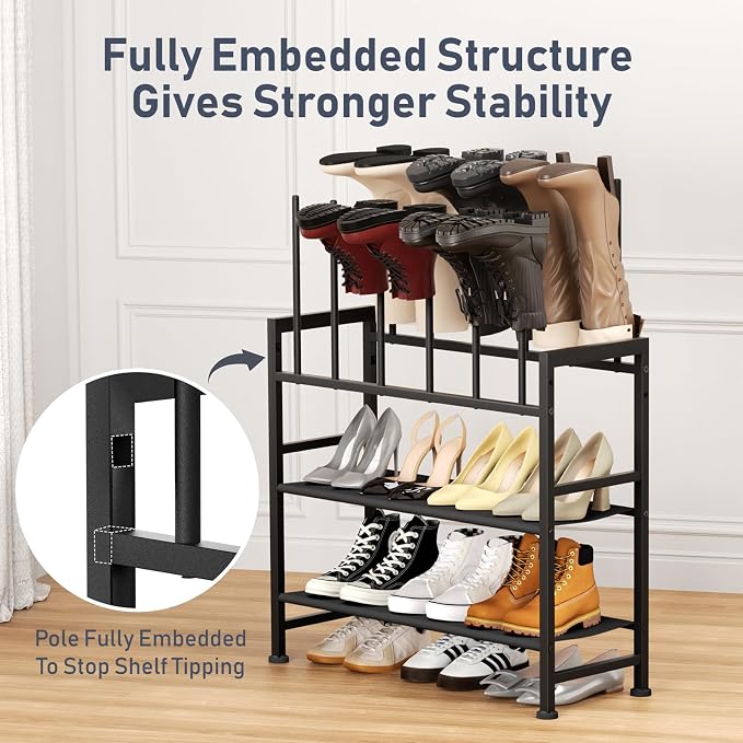 DIMJ Free Standing Shoe Racks - 4-Tier Boot Rack, Black Metal Boot Storage Organizer Tall Boots Organizer for Closet, Multiuse Shoe Rack for Boots, Sneakers,Fit for 6 Pairs Boots, Black - Image 4