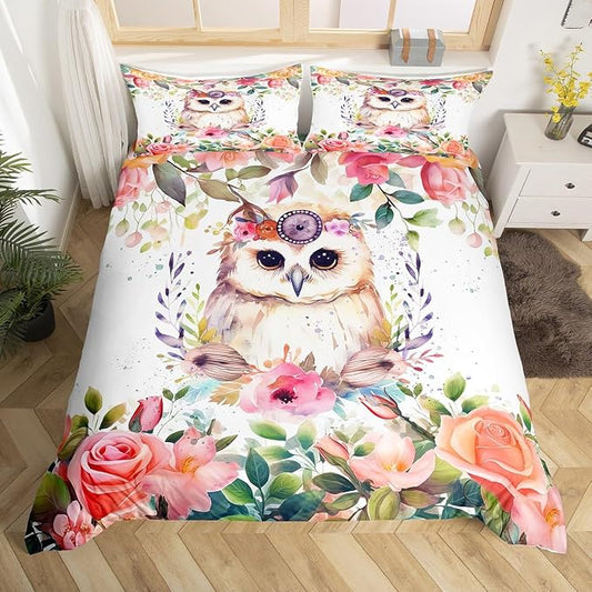 Girls Cute Cartoon Animal Owl Print Duvet Cover Queen Size - 3 Pcs Bedding Set With Pink Flower Branch Spring Theme 3D Watercolor Owl Comforter Cover by Erosebridal