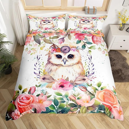 Erosebridal Girls Owl Bedding Set Cute Cartoon Animal Print Duvet Cover King Size for Boys Kids Lovely Decor Comforter Pink Flower Branch Spring Theme 3D Watercolor 3 Pcs, Multi 1008 by Erosebridal