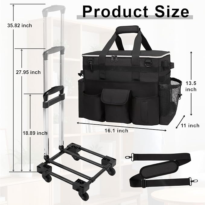 Large Rolling Cleaning Caddy with Wheels, Cleaning Supplies Organizer with Detachable Trolley, Water-resistant Cleaner Cart for Housekeepers, Multi Pocket Cleaning Cart with Shoulder Strap, Black - Image 2