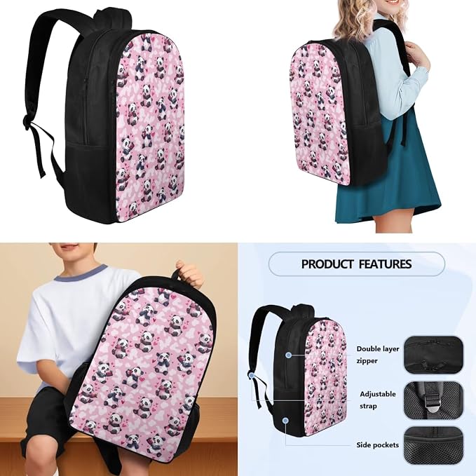 Backpack for School Teens Bookbags with Reusable Lunch Bag Pencil Pouch Water Bottle Organizer Set of 4, Panda Heart Hiking Bookbag Lightweight Book Bags Rucksack for Travel - Image 3