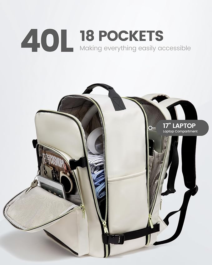 LOVEVOOK Travel Backpack for Women & Men 40L,Airline Approved Carry On Backpack Travel Essentials,TSA Carry on Luggage,Waterproof Personal Item Travel Bag,Suitcase with 3 Packing Cubes,Beige-Black - Image 3