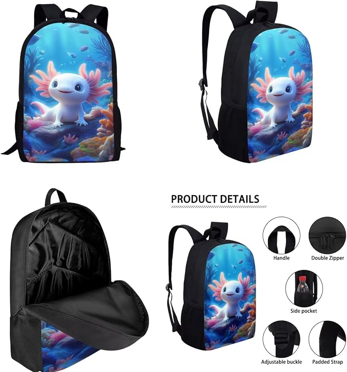 Axolotl Backpack and Lunch Box for Girls 6-8 Ocean Bookbag for 3rd Grade Under the Sea Book Bag Lunchbox Pencil Case Watter Bottle Holder 4PCS Kids Back to School Elementary Schoolbag Set - Image 2