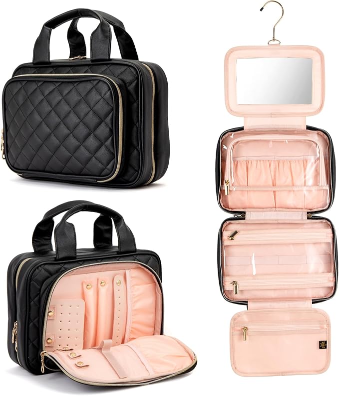 Hanging Makeup Bag with Built-In Mirror – Travel Toiletry & Cosmetic Organizer for Women and Performers by EliteDanceGear
