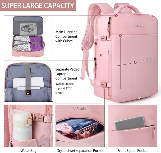 Lubardy Travel Backpack for Men Women 17 Inch Flight Approved Carry on Backpack Waterproof Large 40L Luggage Daypack Business College Weekender Overnight Laptop Backpack with 3 Packing Cubes, Pink - Image 4