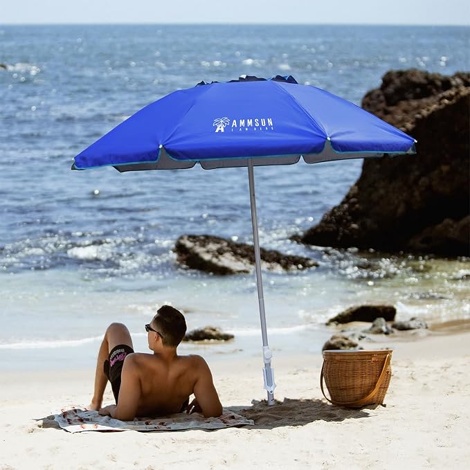 AMMSUN 6.5ft twice folded Portable beach umbrella with sand anchor windproof, Push Button Tilt and Air vent UPF 50+ Protection Fits in a large Suitcase for Patio Garden Beach Pool Backyard Blue - Image 2