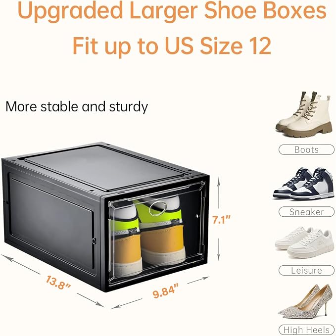 Amllas 12 Pack Shoe Boxes Stackable,Upgraded Sturdy Shoe Storage Boxes with Clear Magnetic Door,Multifunctional Sneaker Storage, Shoe Box Organizer Fit up to US Size 12 Gray(13.8”x 9.84”x 7.1”) - Image 3