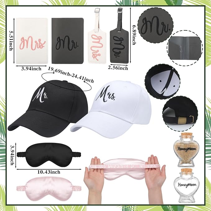Rtteri 14 Pieces Wedding Gift Set for Couple - Mr & Mrs Honeymoon Gifts Include Wedding Towels, 20 oz Wine Tumbler, Hat, Passport Holder, Baggage Tag, Glass Bottle, Honeymoon Tote Bag - Image 3