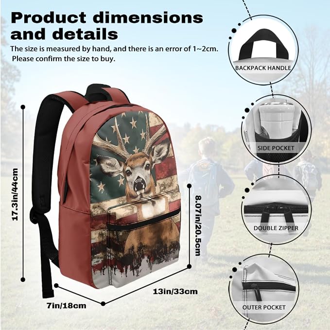 American Deer Backpack for School Kids Boys Bookbag with Lunch Box 4-in-1 Set, Boys Backpack 10-12 Years Old, Adjustable Straps 6th 5th Grade Backpacks for Girls School Bag Gifts Set - Image 3