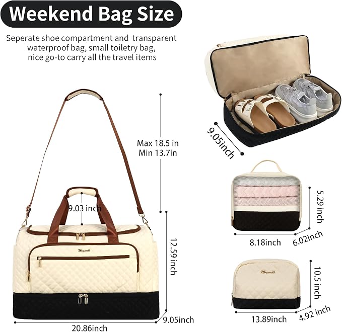 Wogarl 3PCS Weekender Bags for Women Large Overnight Bag Weekend Travel Duffel Bag Carry on Shoulder with Shoe Compartment Canvas Toiletry Bag for Travel Business Gym,Black White - Image 3