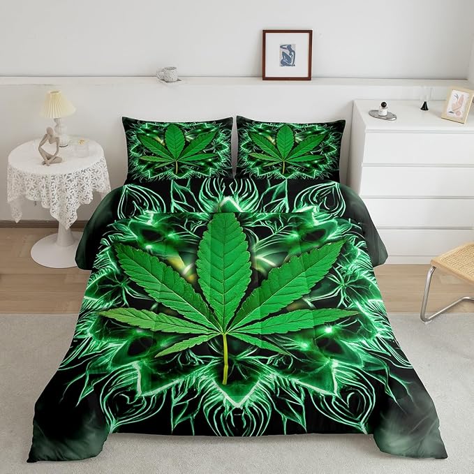 Erosebridal Exotic Leaf Comforter Set, Bohemia Leaves Bedding Set Queen Size, Bohemian Feather Duvet Sets for Kids Girls Teens Adult, Boho Exotic Quilted Duvet for Bedroom, Green - Image 3