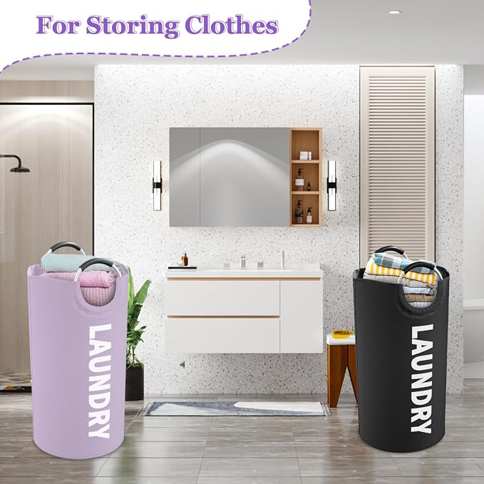 Set of 2 Collapsible Laundry Baskets with Aluminum Handles, 95L Large Laundry Baskets in 600D Oxford Fabric, Portable Dirty Clothes Hampers for Bedroom, Travel, Black + Purple - Image 7