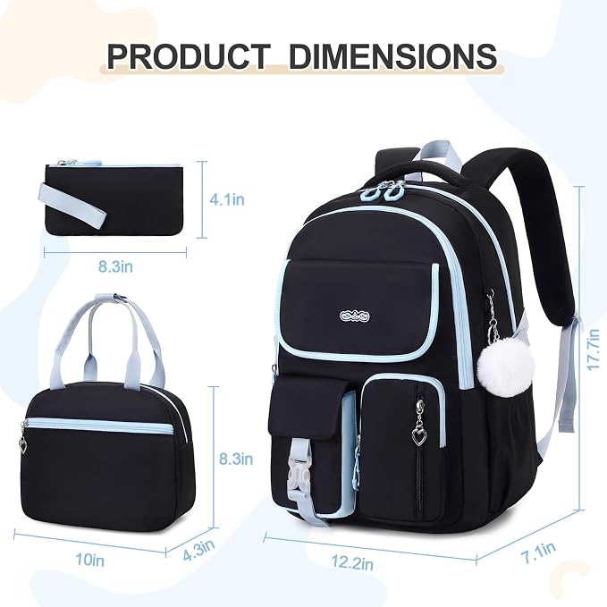 DIGOBAY Backpacks for Girls, 3PCS School Backpack with Lunch Box Pencil Pouch for Teen Girls Kids Elementary Primary Middle High College Travel School bag Bookbag Set （Black Blue） - Image 2