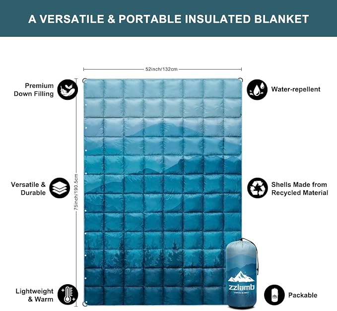 zzlamb Puffy Down Camping Blanket Water-Repellent, Down Throw Travel Blanket Portable for Outdoor, Light Warm Quilt for Couch Plane Car Theater Stadium Picnic RV Backpacking Hammock - Image 3