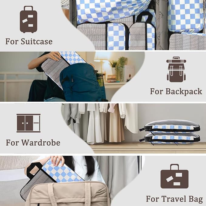 U+U 8 Set Compression Packing Cubes - Ultralight Travel Organizers with Laundry Bag and Cosmetic Bag, Space-Saving Suitcase Organizer for Travel, Business Trip and Family Vacation (Blue Checkered) - Image 8