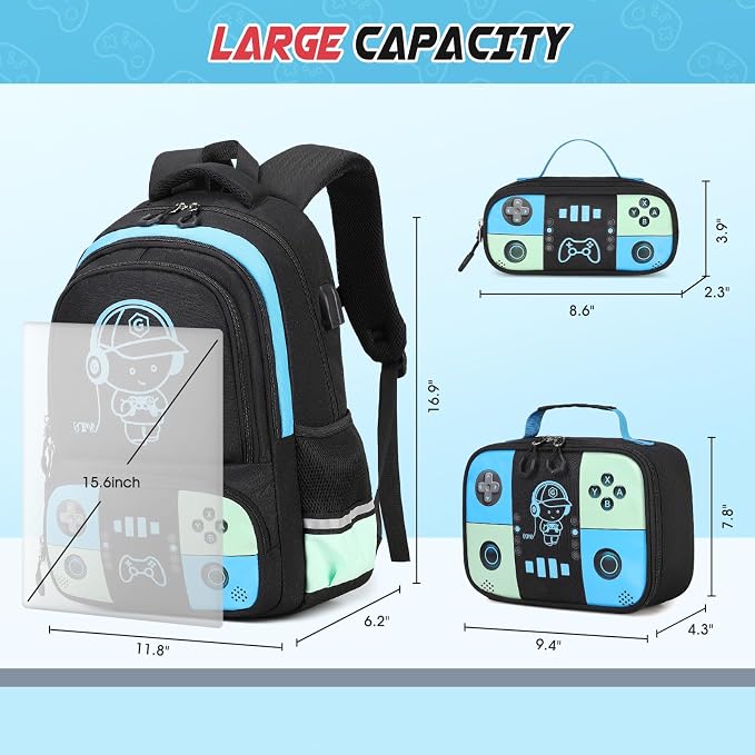 Bevalsa Backpack for School Boys, Cool Luminous Gamer Boys Schoolbag with Lunch Box & Pencil Case Set for Kids Teens Elementary Middle School, Bookbag Glow In The Dark(Blue Green Backpack) - Image 3