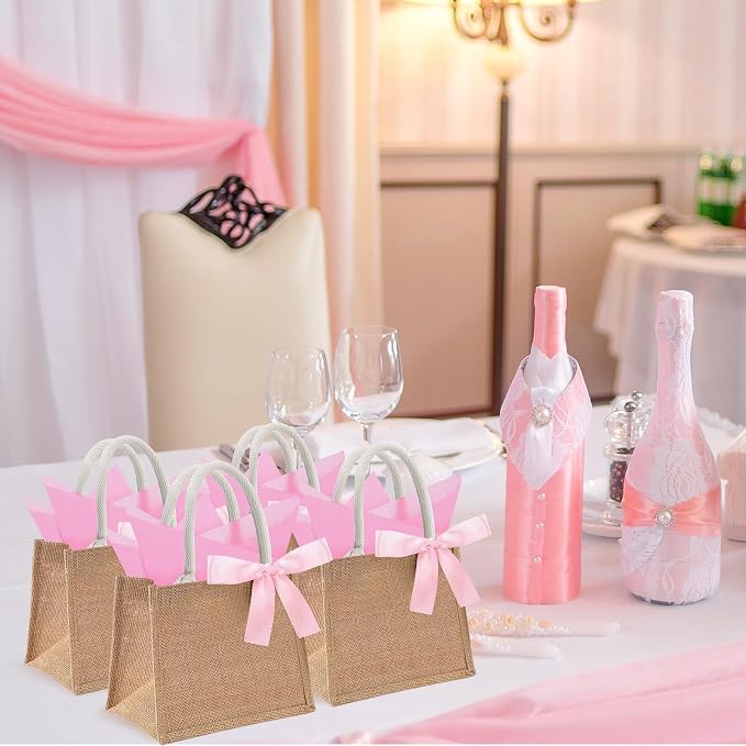 Shinylin 12 Pack Burlap Tote Bags Bulk with Handles Small Wedding Jute Tote Bag with Pink Tissue Paper & Ribbon, Reusable Party Favor Bags for Bridesmaid Proposal Bridal Shower Galentine's Day - Image 5